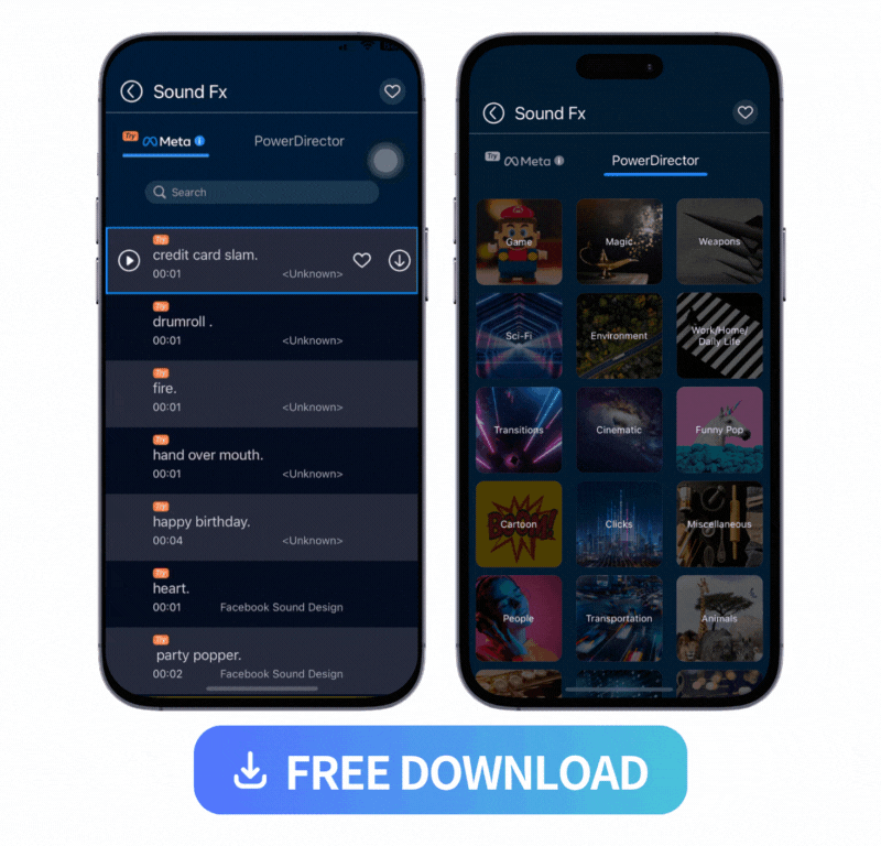 collage of Meta sound FX and sound FX provided by PowerDirector